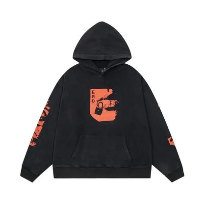 Washed Casual Hoodie Sweatshirt — Unisex Loose-Fit Street Style Crew Neck with Lip Print Letter Design, Vintage Comfortable Top