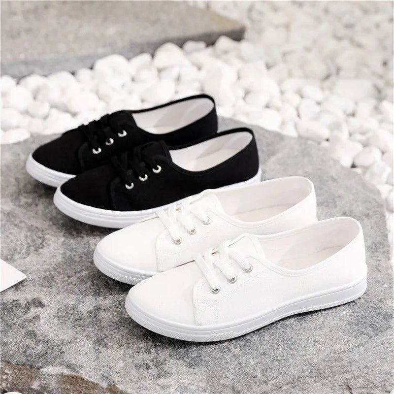 Lady Classic Round Toe White Canvas Shoes | Comfortable Lace-Up Street Sneakers for Students