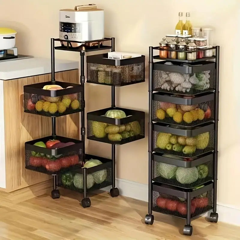 5 Tier Rotating Kitchen Storage Shelf - Metal Fruit & Vegetable Rack, Multi-Layer Trolley on Wheels