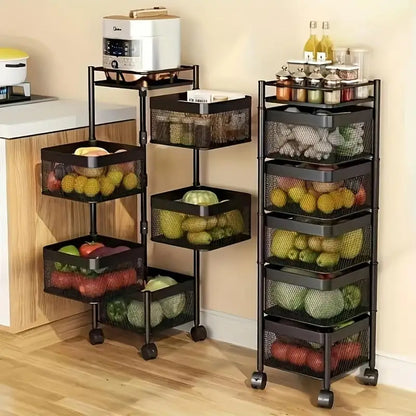 5 Tier Rotating Kitchen Storage Shelf - Metal Fruit & Vegetable Rack, Multi-Layer Trolley on Wheels