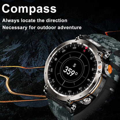 2025 5ATM Outdoor Smartwatch for Men – 600mAh Battery, LED Flashlight, Compass, Bluetooth Call, Heart Rate, IP68 Sports Watch