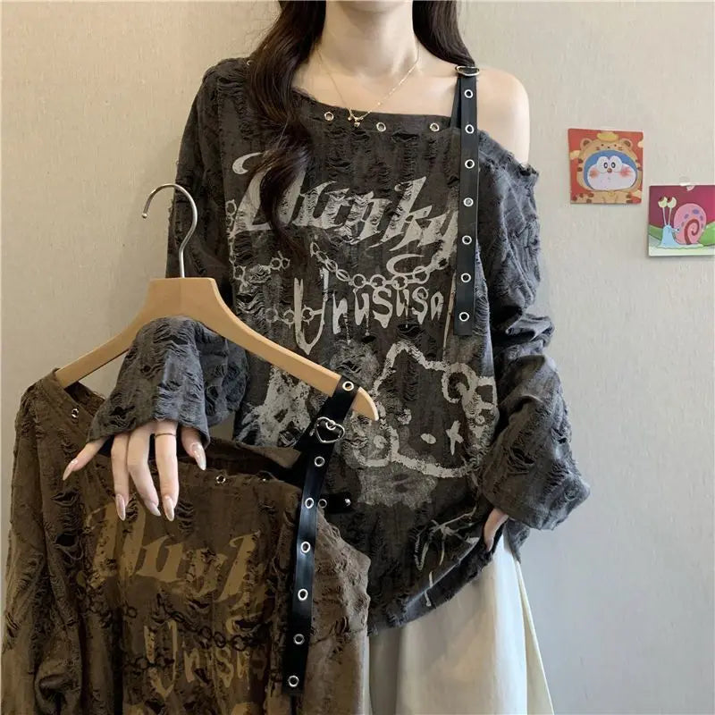Oversized Women’s V-Neck T-Shirt - Loose Faded Off-Shoulder Long Sleeve Casual Top