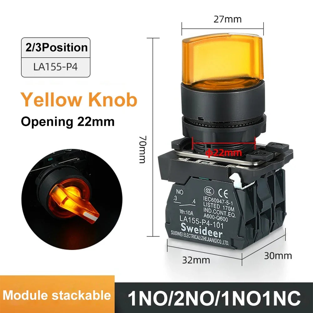 XB4 22mm LED Rotary Selector Switch – 1NO/2NO/1NO1NC Self-Locking 2/3 Position Control Knob 12V/24V/220V 10A Red Green Indicator