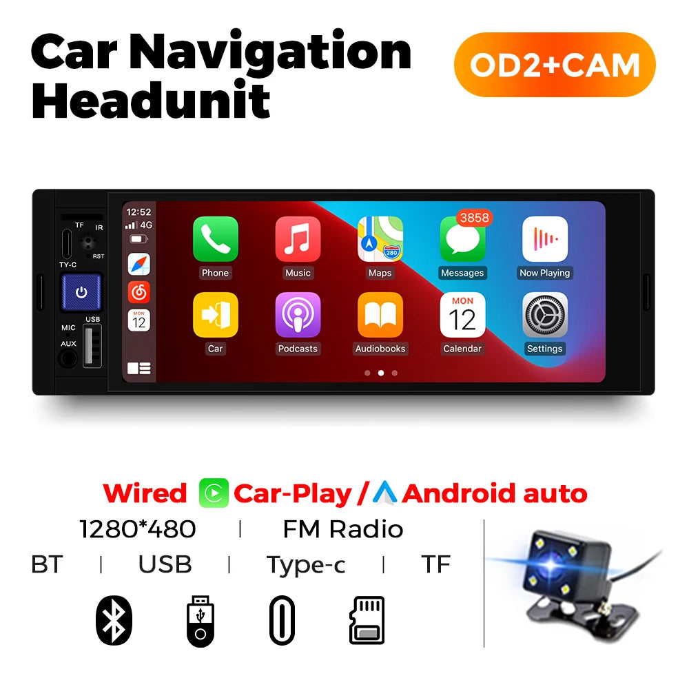 6.86" 1-DIN Car Stereo - HD Touchscreen Wireless CarPlay Bluetooth FM USB Multimedia Player