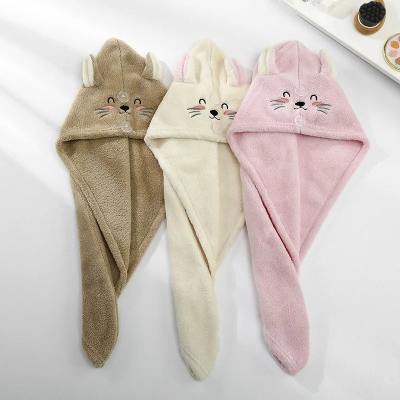Cute Cat Hair Cap Microfiber Towel - Quick Dry Hat Bath Towel for Long Hair, Strong Water Absorbent Women Wrap, Wiping Hair Towel