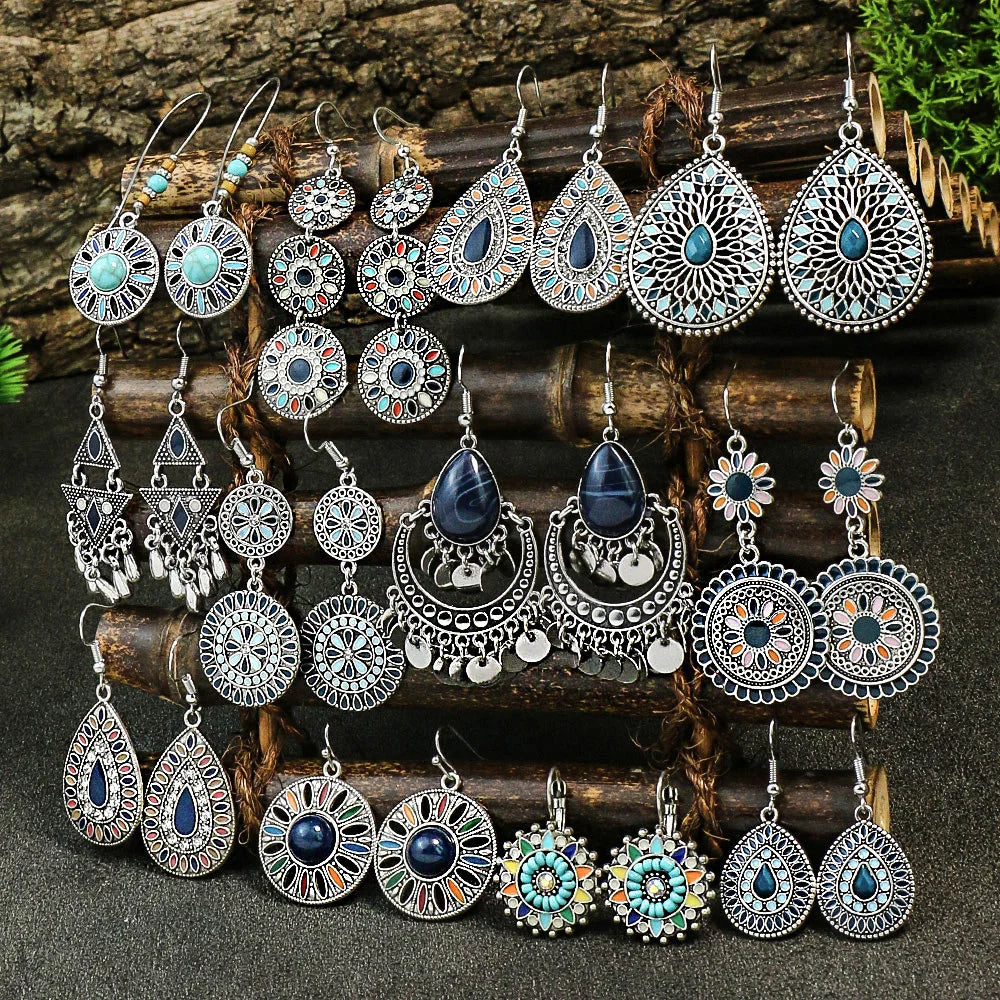 Blue Alloy Turquoise Bohemian Earrings - Retro Geometric Multi-Layer Statement Jewelry