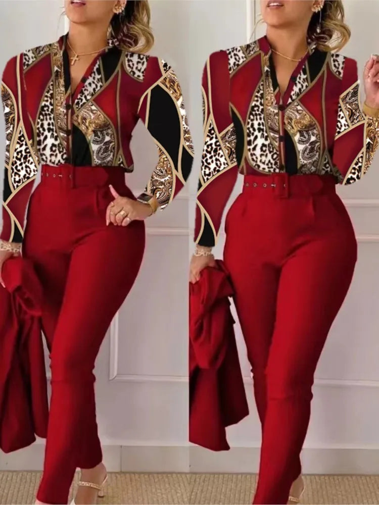 Women’s Autumn Winter Two-Piece Set – Stand Neck Floral Shirt & Pants with Belt, Elegant Casual Outfit