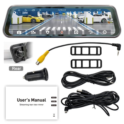9.36" Car Stereo Touchscreen - MirrorLink, CarPlay & Android Auto Rearview Mirror Recorder with AUX, Bluetooth & FM Radio