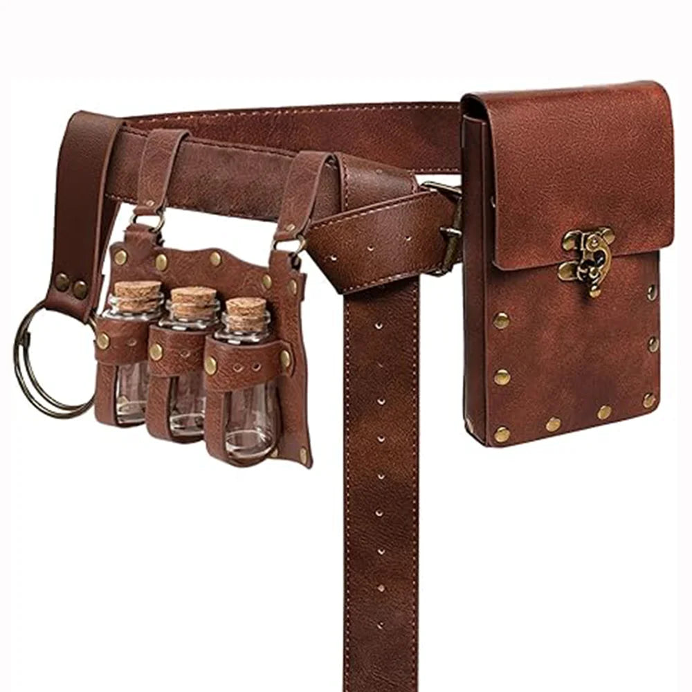 Renaissance Leather Belt Pouch Set – 3 Potion Bottles Holder for Medieval Festival, Halloween Costume