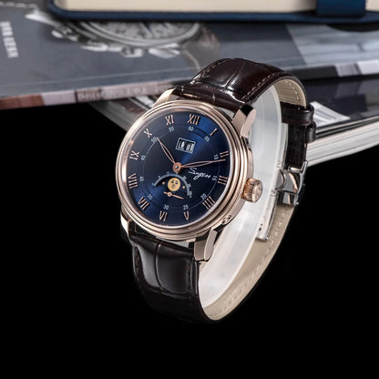 Sugess Moonphase Men’s Automatic Mechanical Watch — 40MM Stainless Steel with Seagull ST2528 Movement and Blue Sandstone Dial