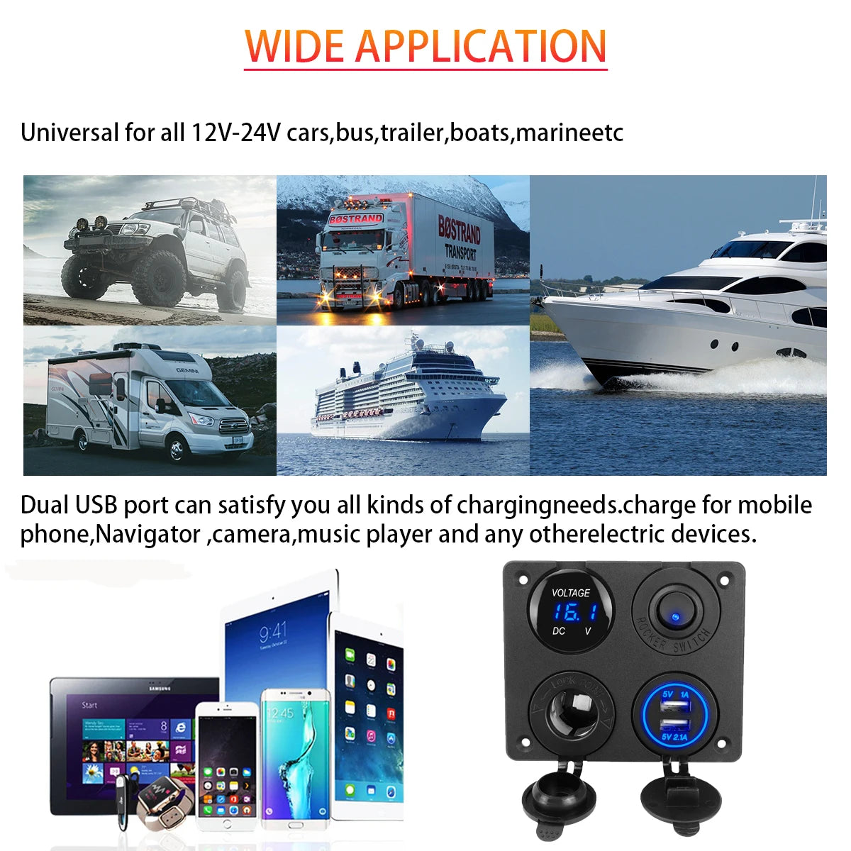 4-in-1 12V/24V Dual USB Power Adapter Panel 3.1A with LED Voltmeter & Rocker Switch for Car, RV, Truck & Marine Use