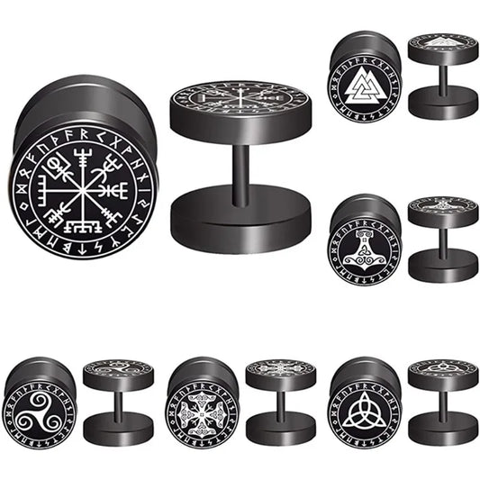 1 Pair 18G Viking Rune Round Stud Earrings — 316L Stainless Steel Cartilage, Tragus & Helix Piercing Jewelry for Men & Women