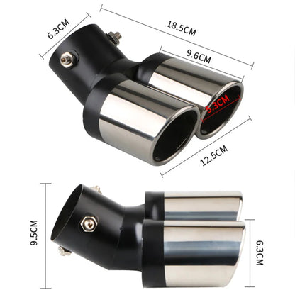 2.5" Chrome Tail Pipe Exhaust Trim, Stainless Steel Double Outlet Muffler for Car Styling - Curved Inlet Decoration