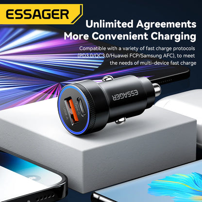 Essager 54W USB Car Charger – 5A Fast Charging Adapter with QC 3.0, SCP & AFC 30W Type-C Dual Port Quick Charger for iPhone, Samsung, Huawei, Xiaomi & Poco Devices