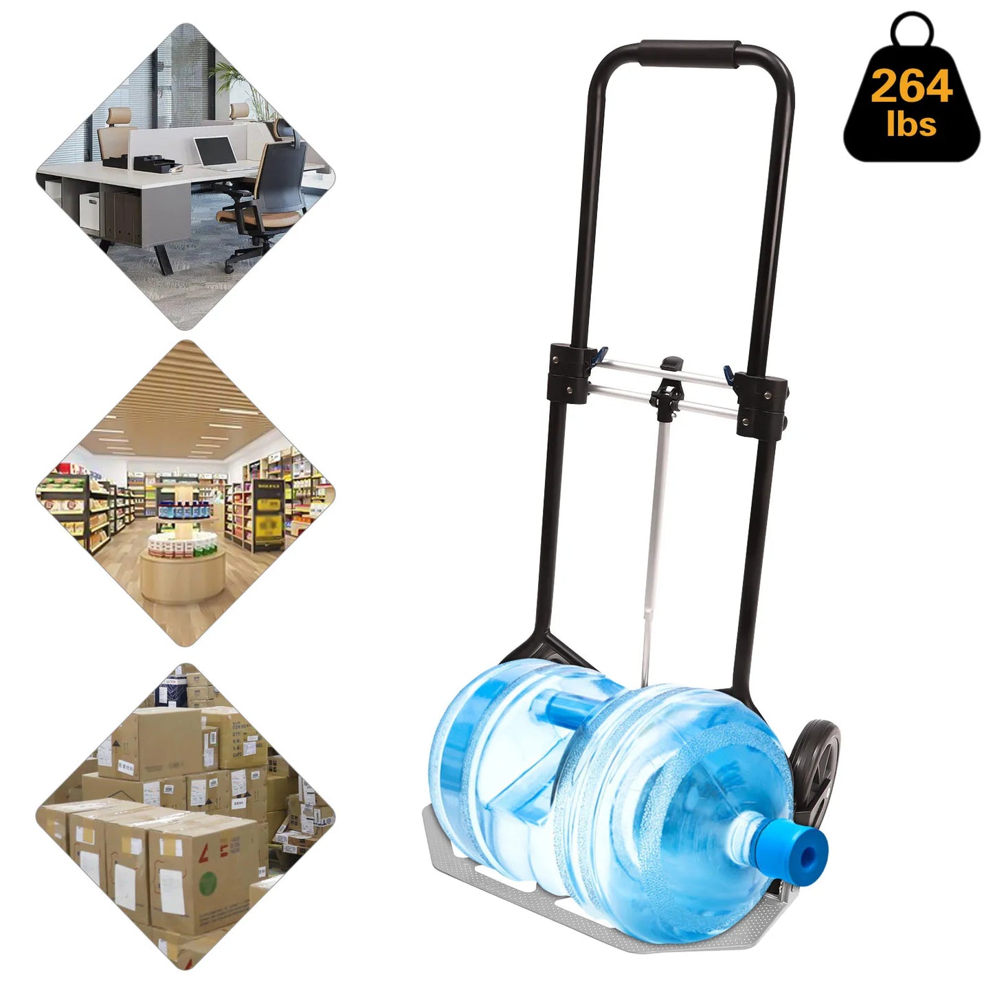 Folding Hand Truck & Dolly — Adjustable Height Aluminum Portable Cart with Anti-Slip Wheels, 264lb Capacity