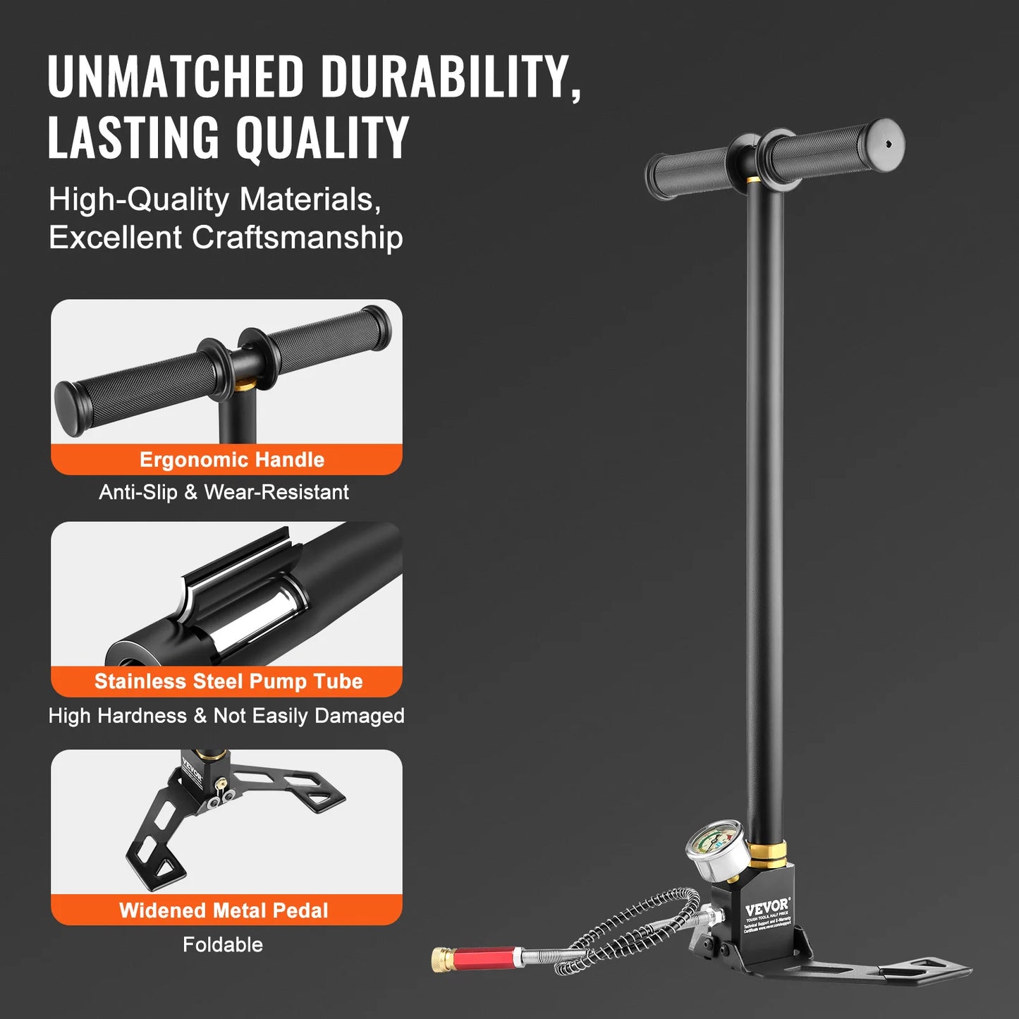 VEVOR 3-Stage PCP Air Pump — 30MPa/4500PSI Hand Stirrup Pump with Pressure Gauge for Pistols, Rifles, Air Guns, Cars & Bicycles
