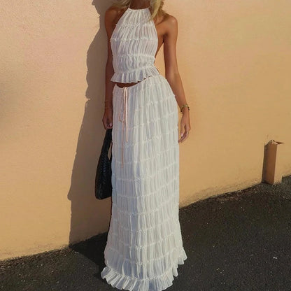 Women’s Boho Sexy Backless 2-Piece Set – Vintage Ruched Halter Cami Top & Maxi Skirt Beach Holiday Party Outfit