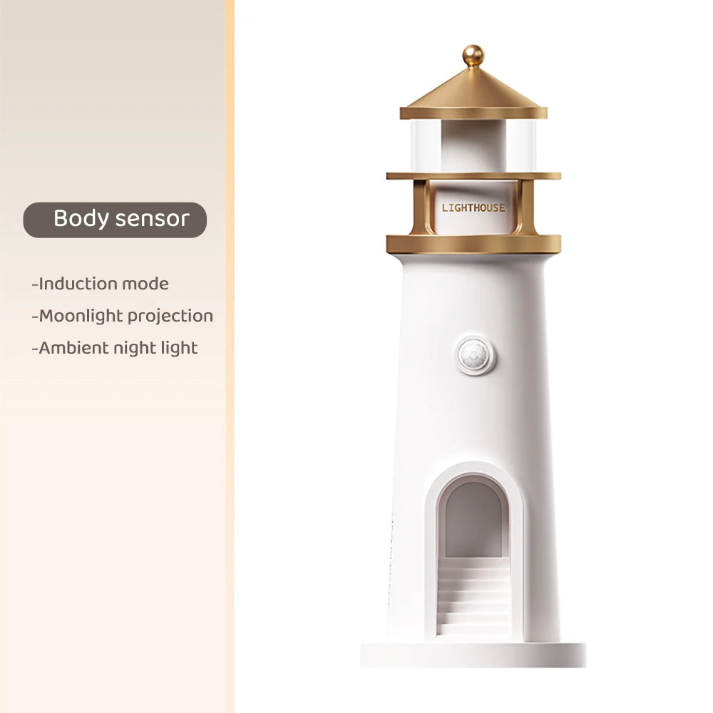 Moon Projection Lighthouse Night Light – Dimmable, Motion Sensor, Bluetooth Music, Timing Ambient Lamp for Christmas & Birthday Gift