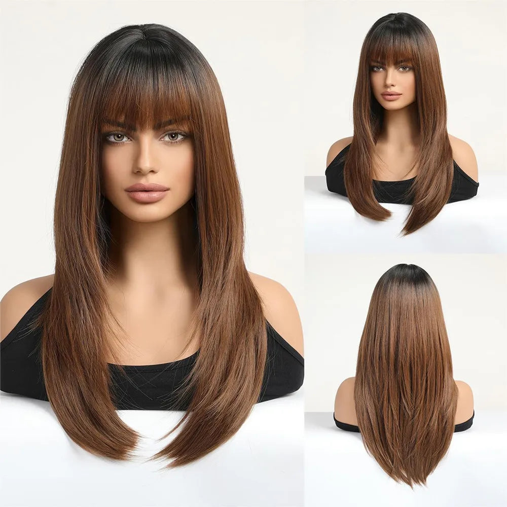 ALAN EATON Blonde Layered Synthetic Wig with Bangs – Long Straight Heat-Resistant Wig for Women & Girls, Natural Daily Hair