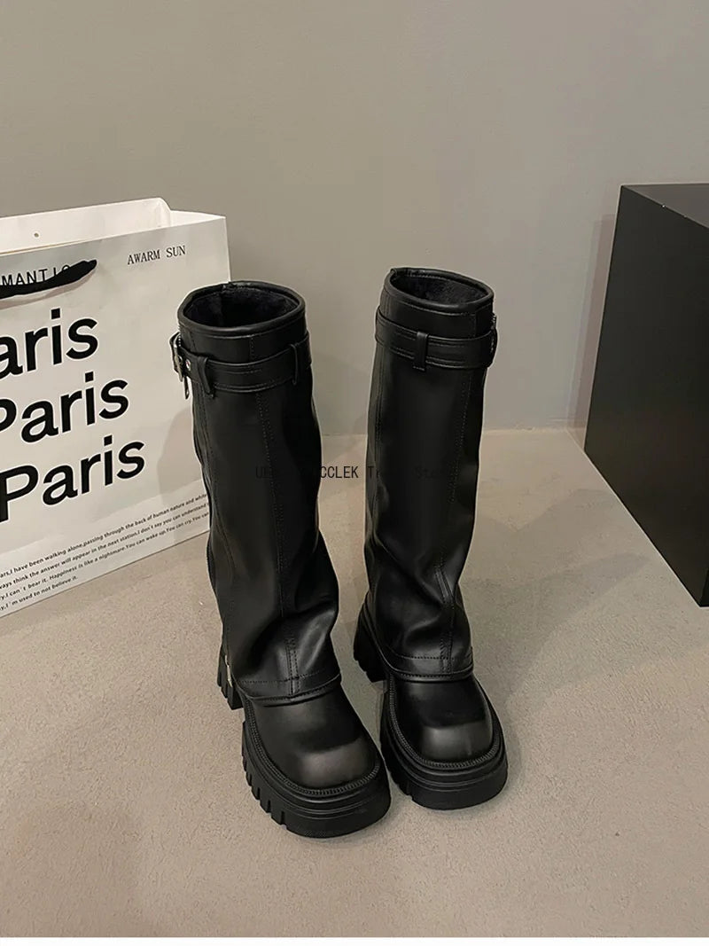 Winter Women's Biker Boots – Fashion Belt Buckle Knee-High Platform Booties