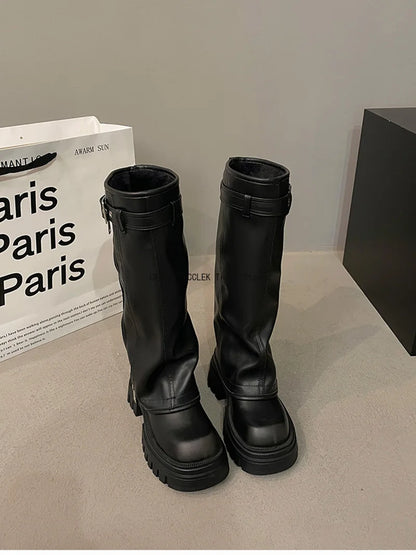 Winter Women's Biker Boots – Fashion Belt Buckle Knee-High Platform Booties