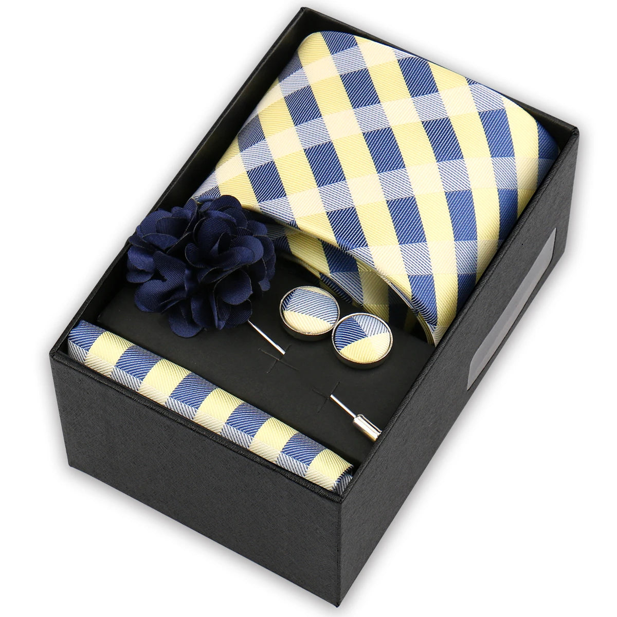 Men’s 4-Piece Tie Set Gift Box - Elegant Necktie with Handkerchief, Cufflinks & Brooch for Business, Wedding & Suit Accessories