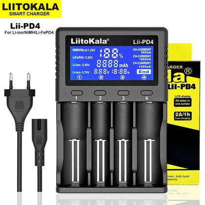 Liitokala Lii-PD2 Lii-PD4 18650 Battery Charger: LCD Multifunction Charger for 3.7V & 1.2V Batteries - Compatible with 26650, 18350, 16340, 18500, 14500, AA, AAA