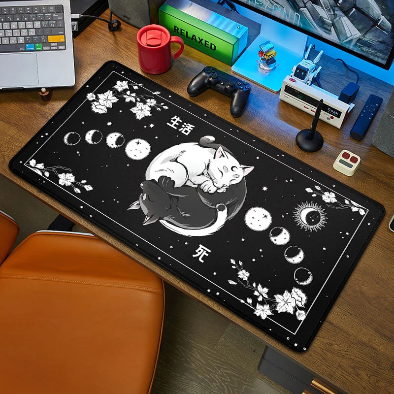 Black Cat XXL Mouse Pad 90x40 — Large Kawaii Black & White Desk Mat for Computer and Office