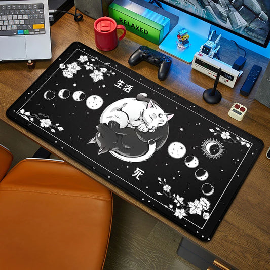 Black Cat XXL Mouse Pad 90x40 — Large Kawaii Black & White Desk Mat for Computer and Office