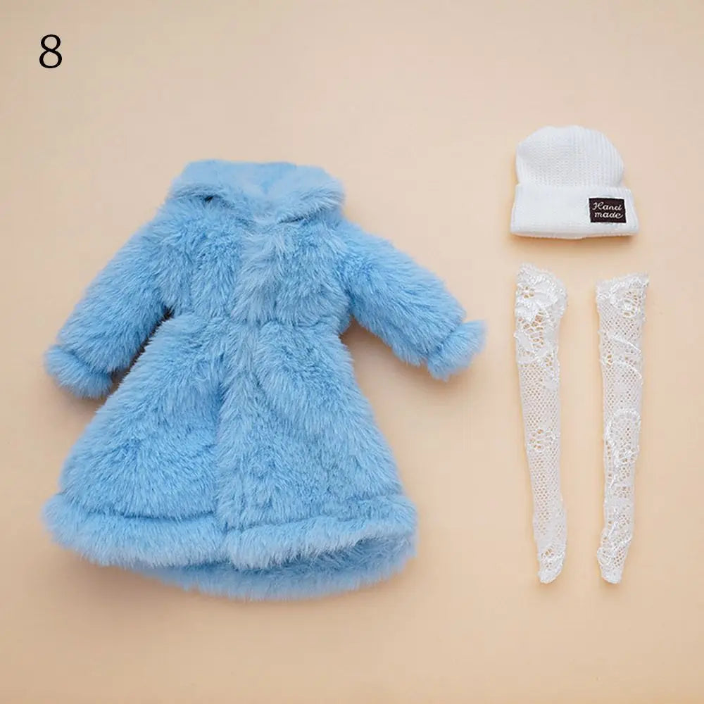 30CM Doll Clothes Set – Fashion Tops, Fur Overcoat, Knitted Hat & Colorful Lace Stockings for 1/6 BJD Doll Accessories