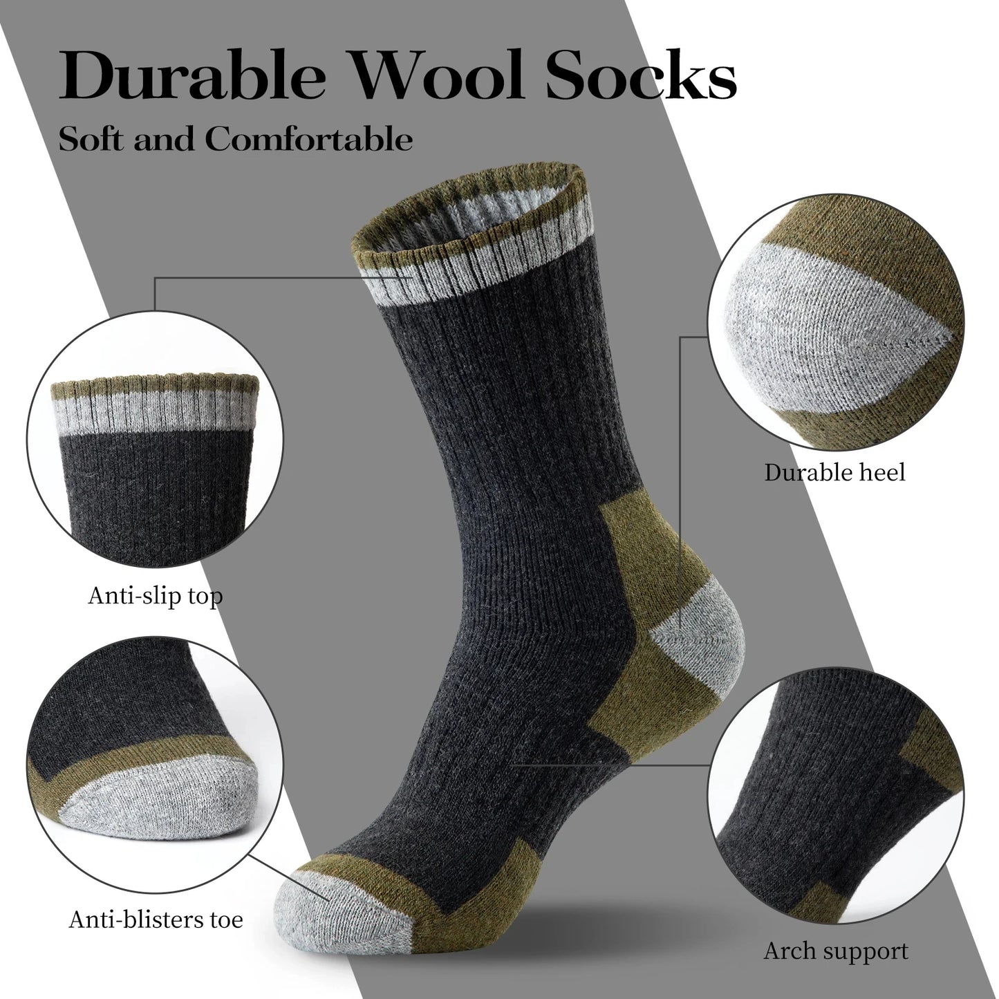 5 Pairs Merino Wool Hiking Socks for Men | Soft, Warm, Moisture-Wicking Winter Crew Socks for Indoor & Outdoor Wear