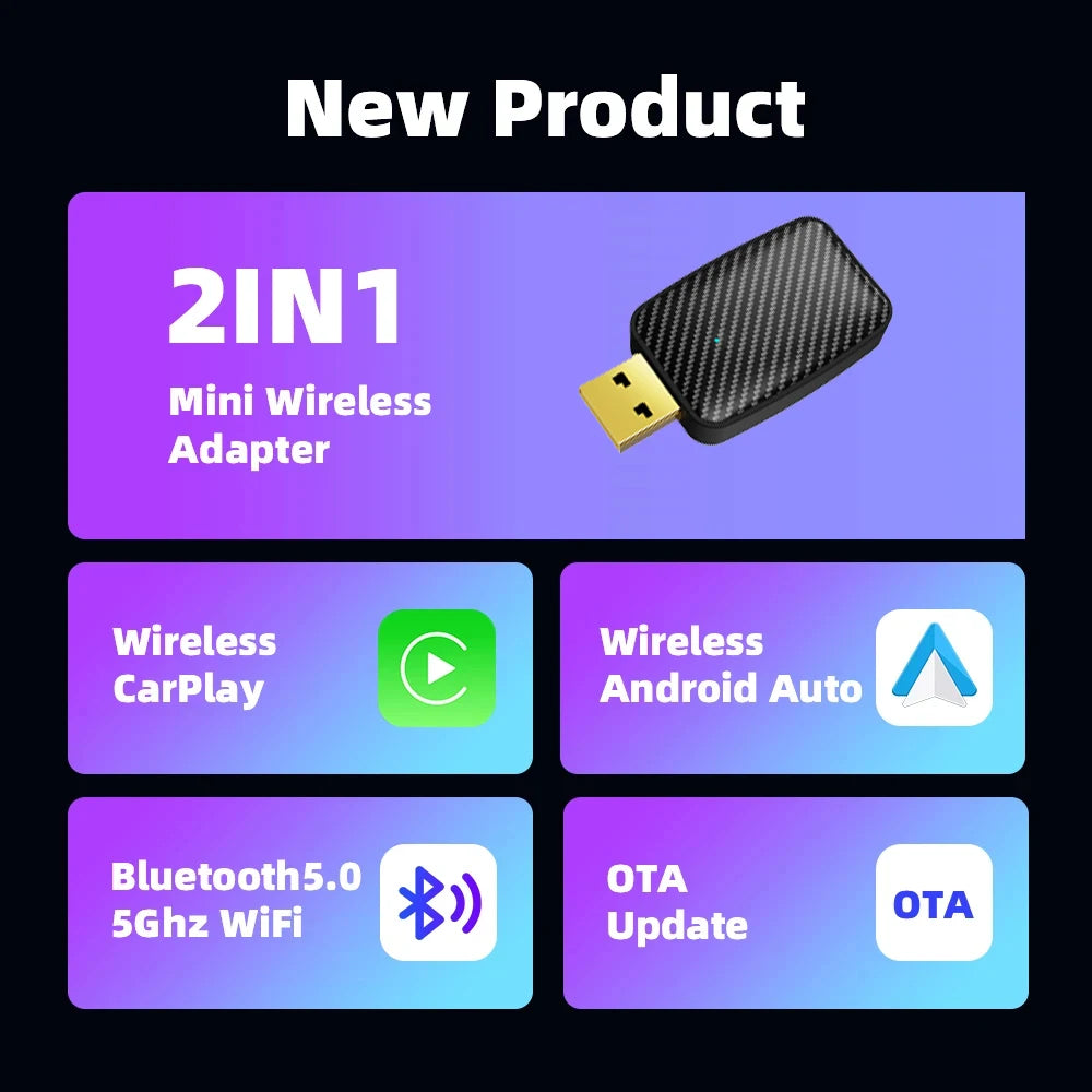 2 in 1 Wireless CarPlay and Android Auto Smart Dongle – Compatible with Volvo, Benz, Cadillac, Jeep, Lexus, Audi, Mazda, VW, Kia