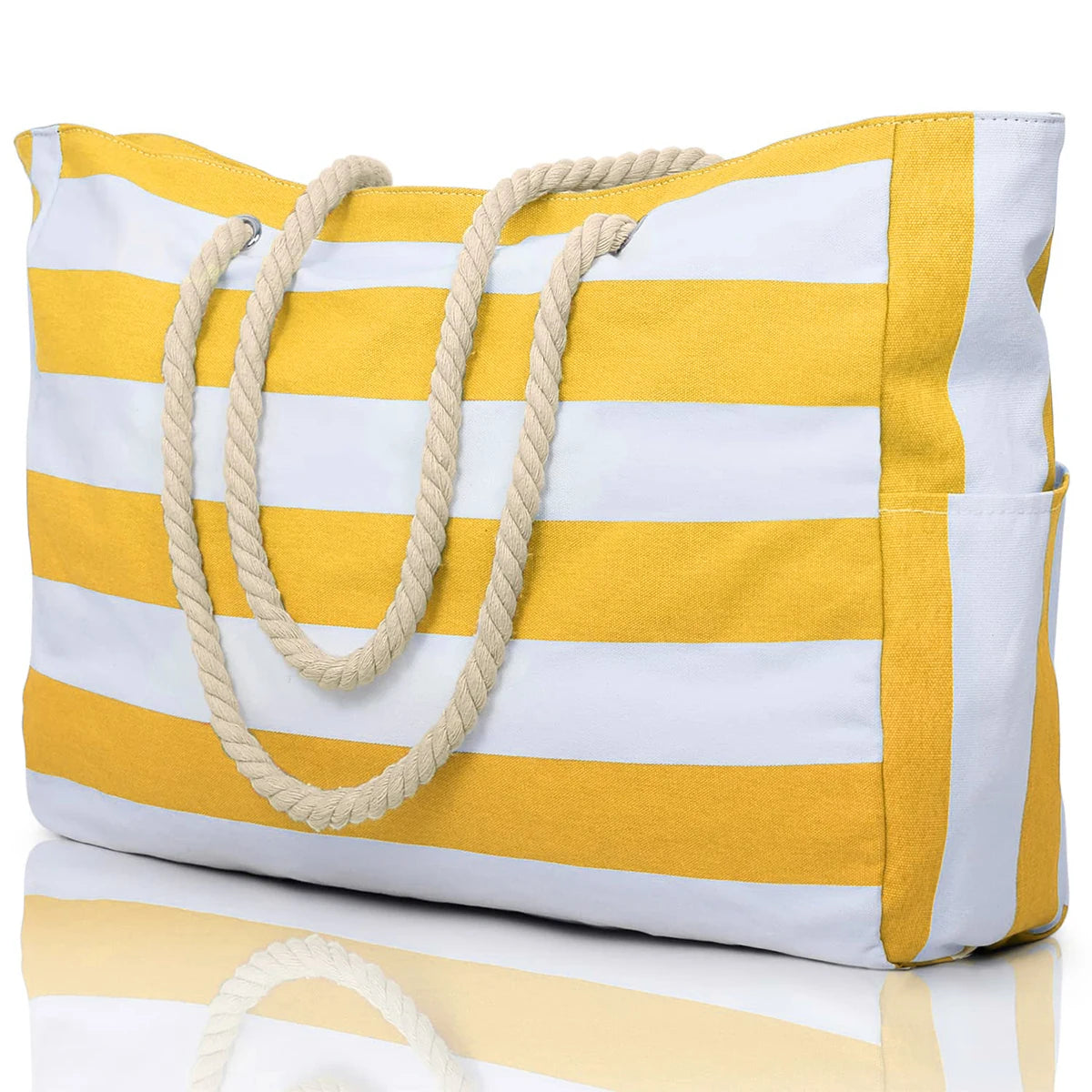 Striped Waterproof Canvas Beach Bag – Zippered Foldable Tote for Outdoor Travel and Vacation, Sand-Resistant Design