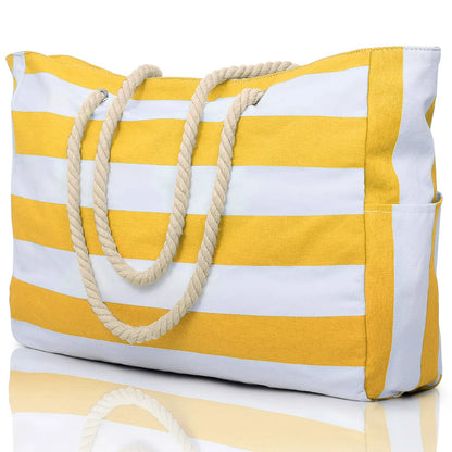 Striped Waterproof Canvas Beach Bag – Zippered Foldable Tote for Outdoor Travel and Vacation, Sand-Resistant Design