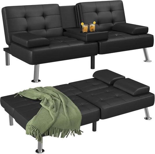 Modern Black PU Leather Futon Sofa Bed – Convertible Recliner Lounge with Folding Design & 2 Cup Holders