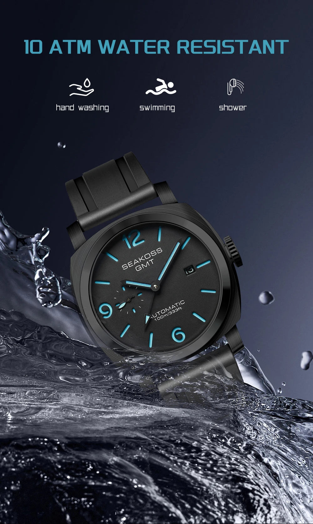 SEAKOSS GMT Men’s Diving Automatic Mechanical Watch — 10ATM Waterproof, 1963 Original 2557 Movement, Calendar, Sapphire Crystal