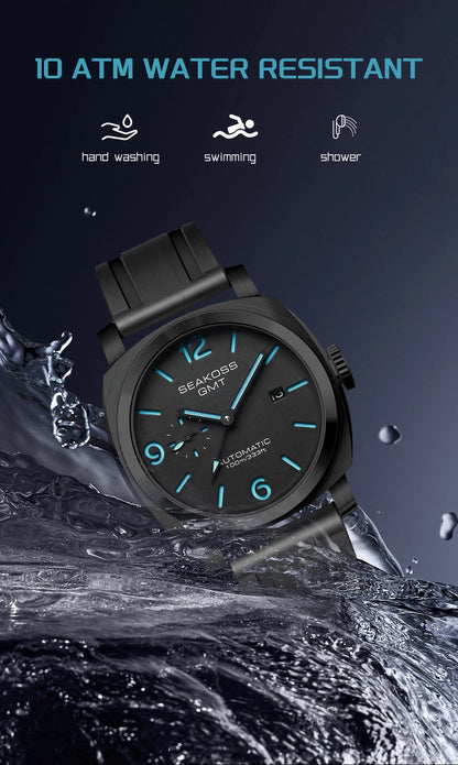 SEAKOSS GMT Men’s Diving Automatic Mechanical Watch — 10ATM Waterproof, 1963 Original 2557 Movement, Calendar, Sapphire Crystal
