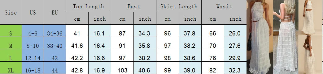 Women’s Boho Sexy Backless 2-Piece Set – Vintage Ruched Halter Cami Top & Maxi Skirt Beach Holiday Party Outfit