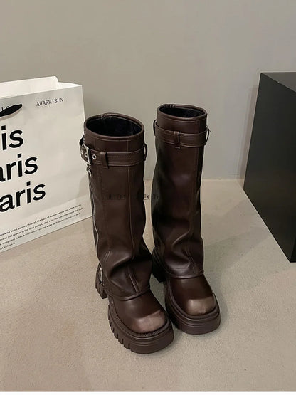 Winter Women's Biker Boots – Fashion Belt Buckle Knee-High Platform Booties