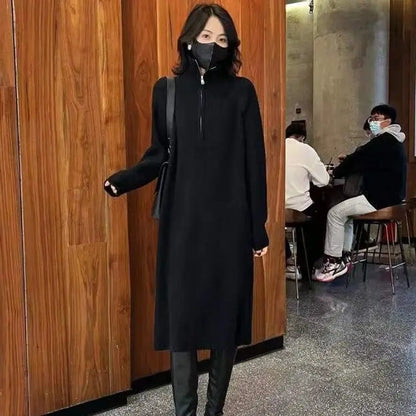 Women’s Lazy Style Over-the-Knee Knit Dress – Mid-Length Lapel Loose Sweater for Autumn Winter