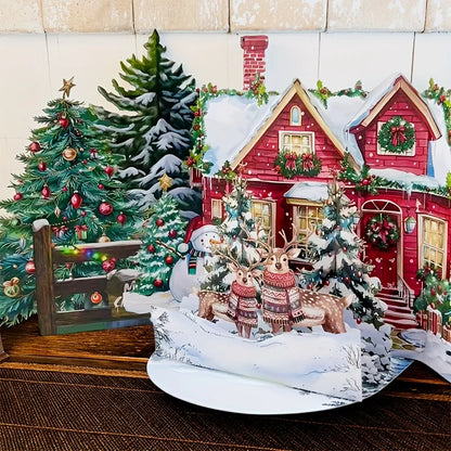 Pop-Up Christmas Card – Snowy Winter House with Gingerbread Design & Envelope Included