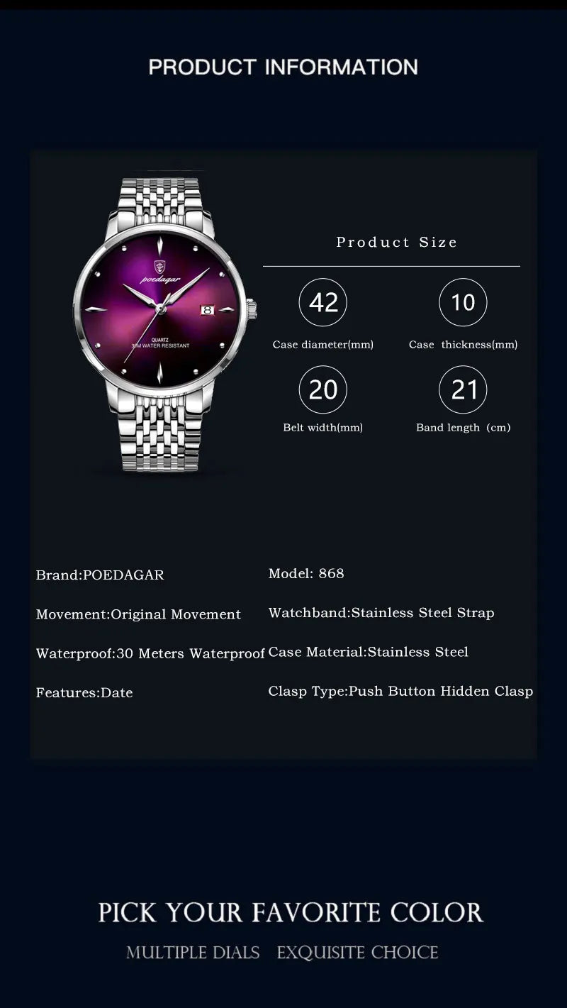 POEDAGAR Luxury Men's Sports Watch — Waterproof Luminous Stainless Steel Quartz Wristwatch with Date