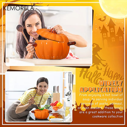 Halloween Pumpkin Ceramic Bowl – Oven-Safe Casserole with Lid & Handles for Thanksgiving