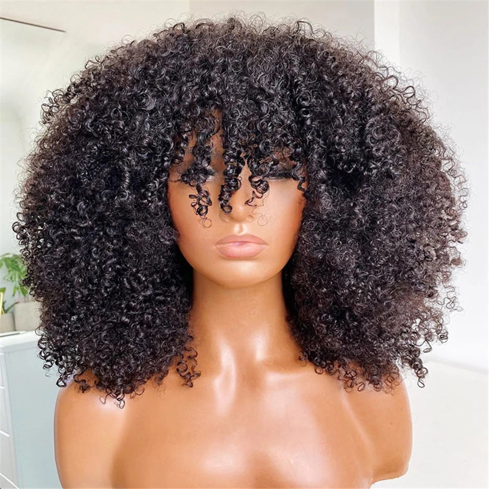 Mongolian Afro Kinky Curly Wig with Bangs – Glueless Remy Brazilian Short Curly Human Hair Wig