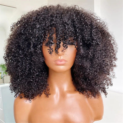 Mongolian Afro Kinky Curly Wig with Bangs – Glueless Remy Brazilian Short Curly Human Hair Wig