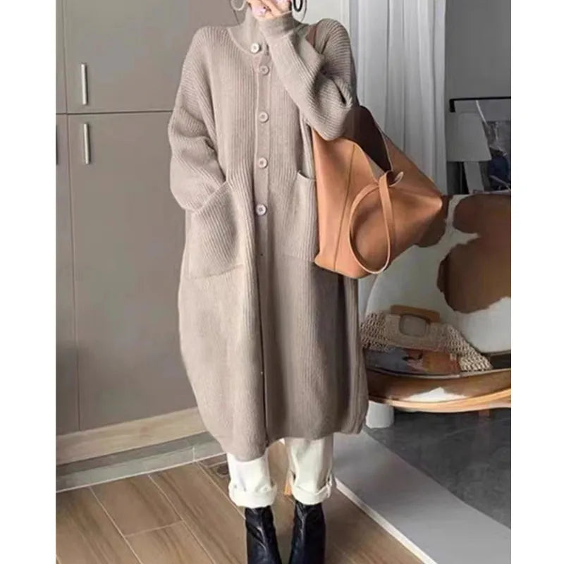 Women's High Neck Knitted Cardigan – Single Breasted Long Sleeve Mid-Length Sweater Jacket for Spring & Autumn