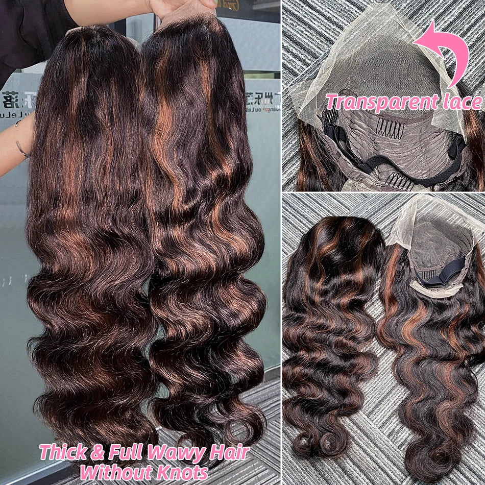 30 Inch Brazilian Body Wave Highlight Ombre Wig – 13x4 Lace Front, 1B/30 Black Brown Human Hair Wig for Women