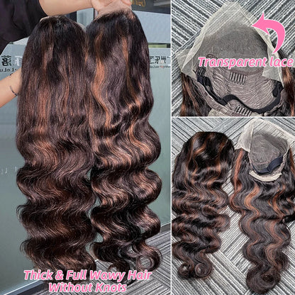 30 Inch Brazilian Body Wave Highlight Ombre Wig – 13x4 Lace Front, 1B/30 Black Brown Human Hair Wig for Women