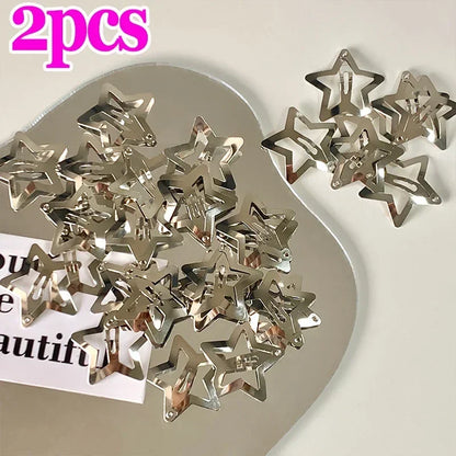 2/50PCS Y2K Silver Star Hair Clips – Filigree Metal Snap Hairpins for Girls, Nickel-Free Hair Jewelry Barrettes
