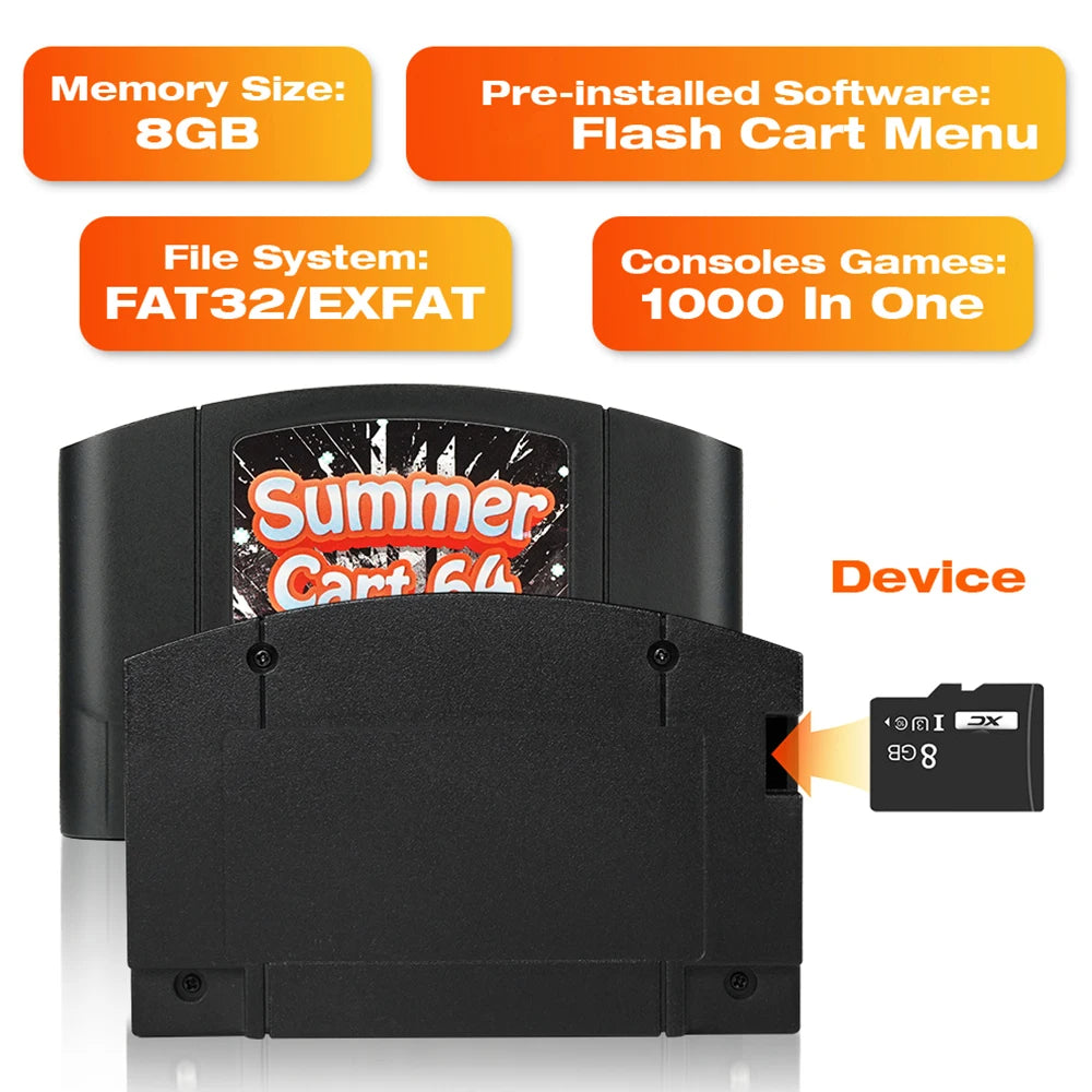 SummerCart 64 Game Card for N64 – Retro ED 64 Cartridge for Nintendo 64, 8GB TF Card, No Region Restriction